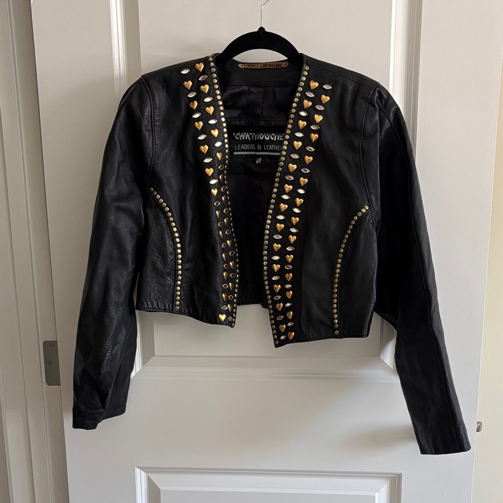 Dinosaur Designs Black Leather Cropped Jacket with Gold Heart Details